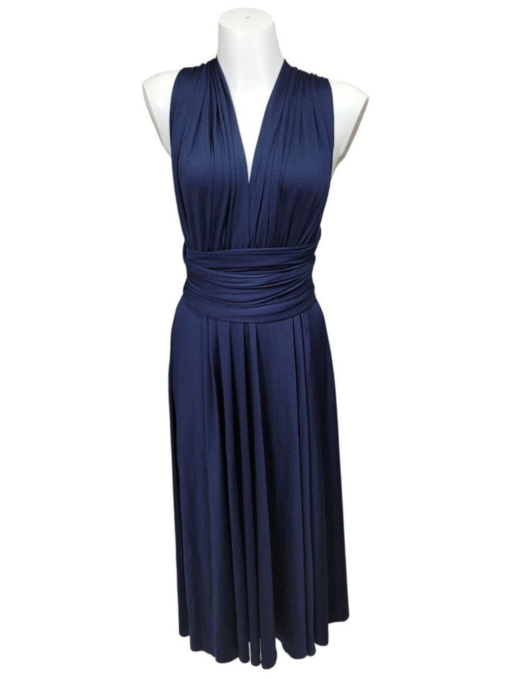 Infinity Wrap Dress Navy Blue Convertible Maxi Gown Polyester Spandex Blend Slee